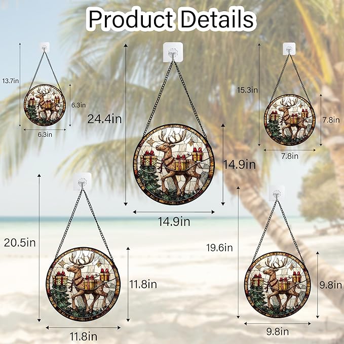 Stained Glass Window Hanging, Christmas Tree Elk Sun Catchers Colorful Glass Panel Retro Suncatcher Decor for Birthday for Women, Men, Wife, Aunt, and Mom 15x15 in