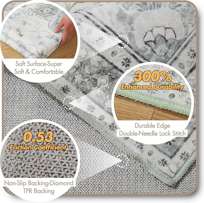 8x10 Soft Washable Area Rugs for Living Room and Bedroom, Non-Slip Stain Resistant Indoor Carpet, Cozy Floor Mat for Dining Room, Office, Under TableStain Resistant Green Floral