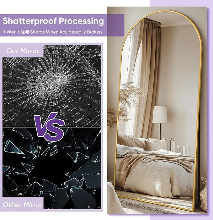 Full Length Mirror, 68"x26" Arched Floor Mirror Freestanding, Floor Standing Full Body Mirror with Stand for Bedroom, Hanging Mounted for Living Room Cloakroom, Gold