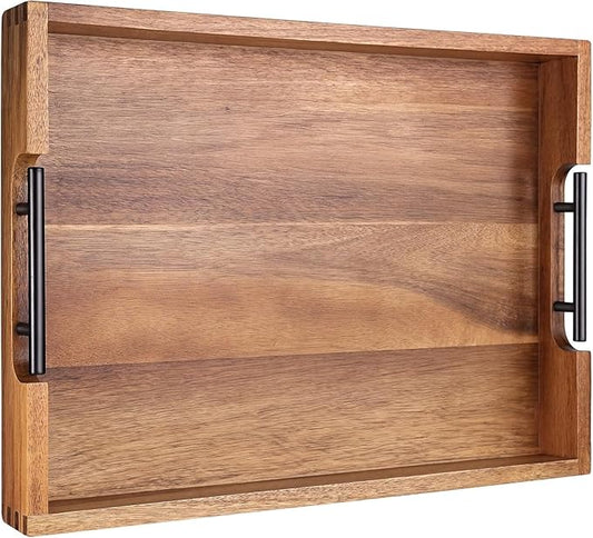 Joy&Grace Ottoman Tray for Living Room 16.7 x 12.8 inch Large Acacia Wooden Serving Tray with Handles for Coffee Table, Breakfast in Bed, Food Dinner, Decorative Rectangular Tray (Color Natural)