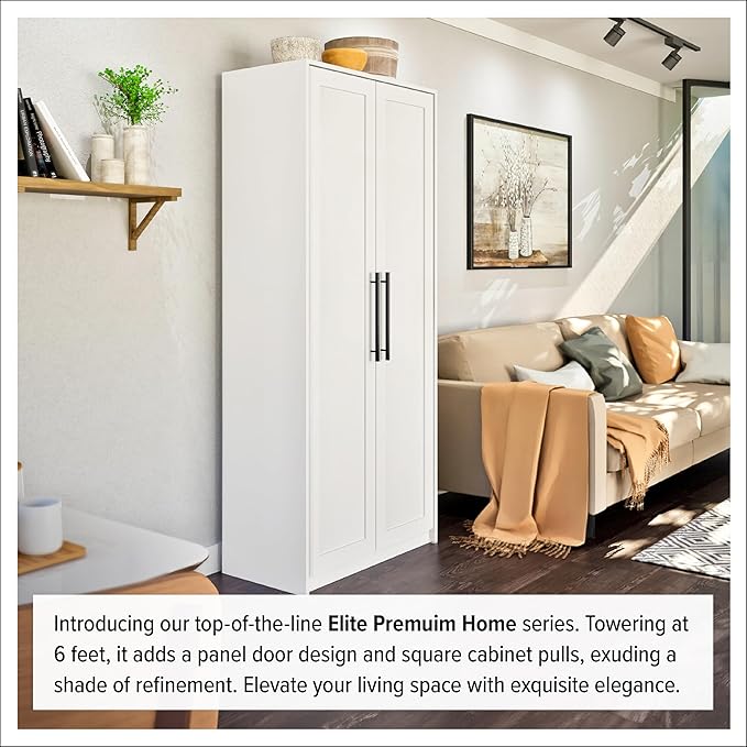 Prepac Elite Premium Home Storage Cabinet with Doors and Shelves, White Storage Cabinet with 5 Shelves for Kitchen, Bathroom 16" D x 32" W x 72" H