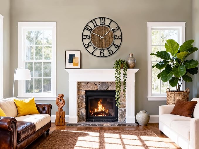 Large Wall Clocks, 24" Black Oversized Wall Clocks for Living Room by Battery Operated, Decorative Farmhouse Silent Walls Clock with Metal Arabic Number for Office, Classroom, Bedroom