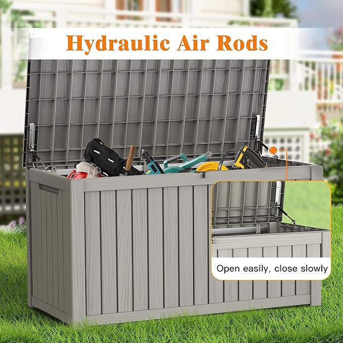 180 Gallon Outdoor Storage Box, Waterproof Deck Box with Handles and Lockable Lid, Resin Patio Storage Box with Hydraulic Rods for Garden Tools, Cushions, Grey