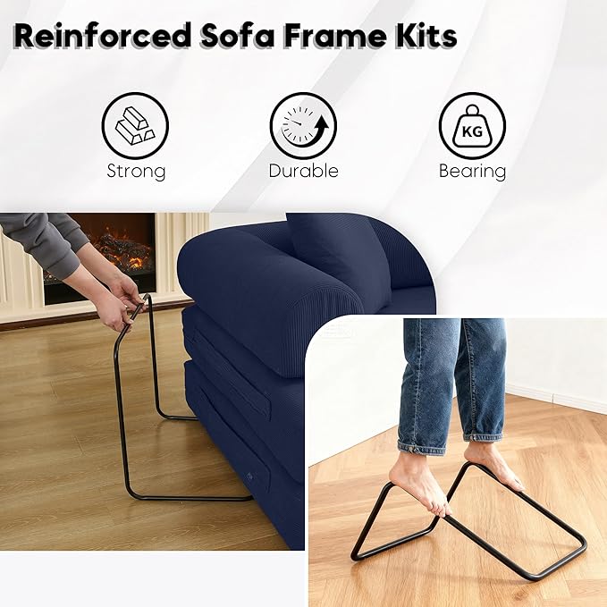 Convertible Sleeper Sofa Bed with Cylindrical Pillow, Corduroy Folding Boneless Couch with Fixed-Shape Frame, Floor Sofa Lounge Couch for Living Room Bedroom Lounge Studio-Blue