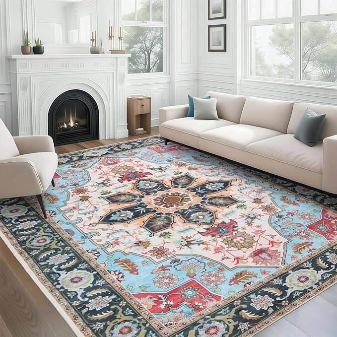 WILLSUN Washable Area Rugs, 8x10 Non-Slip Boho Large Area Rugs for Living Room, Bedroom, Machine Washable Vintage Rug, Indoor Floral Print Carpet for Home Decor, Kid & Pet Friendly Mat