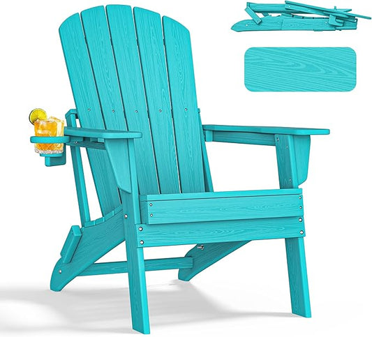 nevilywood Folding Adirondack Chair - Extended Ergonomic Backrest, Cup Holder - Easy Assembly - Durable HDPE Plastic, Weather Resistant & Maintenance-Free - Lawn, Patio, Deck Supports 380lbs Aruba