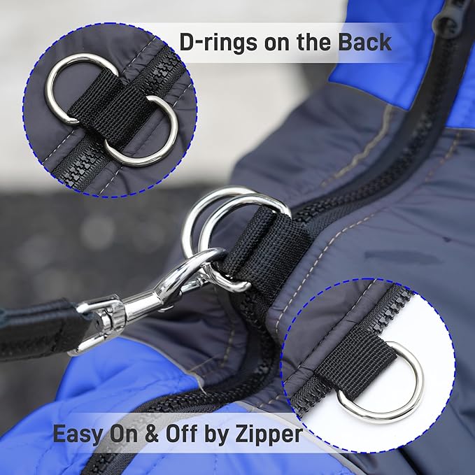 Warm Fleece Dog Coats for Medium Dogs,D-Rings Waterproof Puppy Jacket for Cold Winter,Blue L
