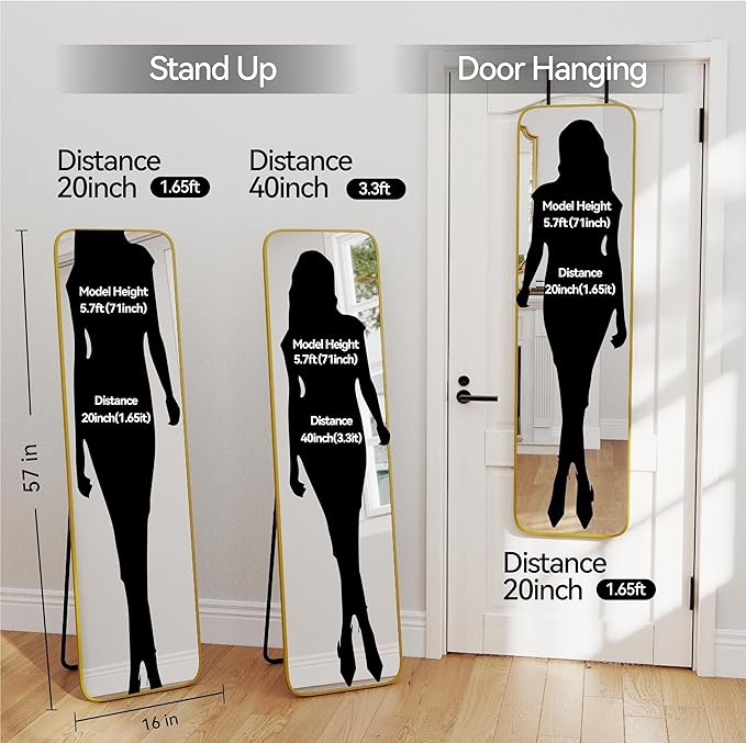 57x16 Door Hanging Full Length Mirror, Floor Stand (Height 5.7ft just Body in1.3ft) Wall Mounted Metal Frame Rectangle Dressing Mirrors for Bedroom Bathroom Room 57 inch Gold