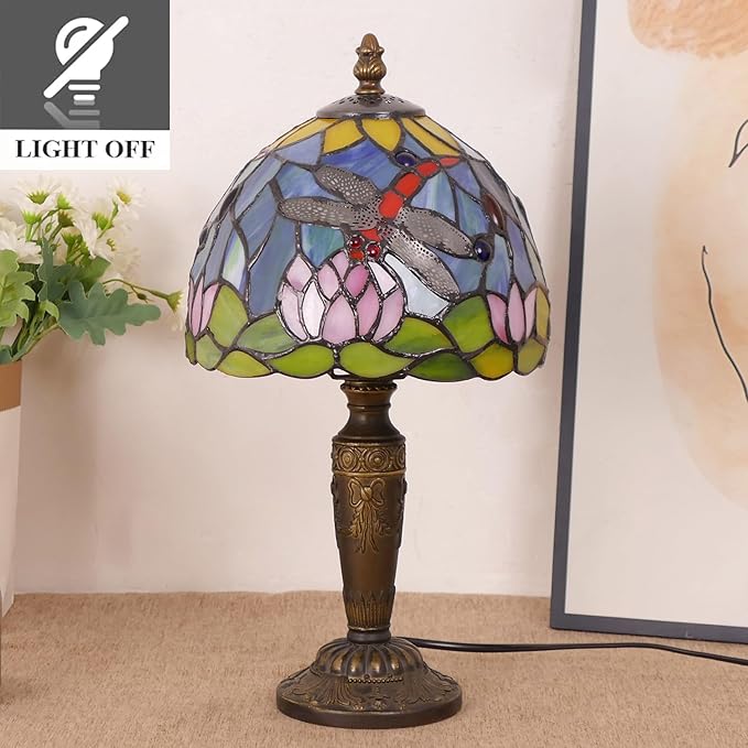 Tiffany Lamp Stained Glass Table Lamp 7.9X7.9X14.2 Inches Dragonfly and Lotus Style Desk Reading Light