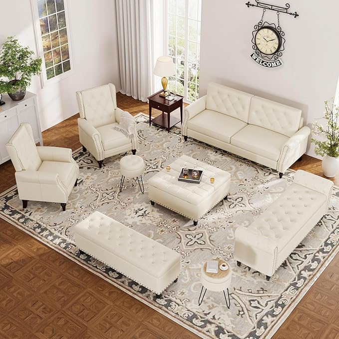 65 Inch Bedroom Bench, End of Bed Bench with Storage, Bed Benches for Foot of Bed, Faux Leather Window Bench with Tufted Button and Nailhead Trim, Upholstered Storage Bench, Rolled Arms, Cream White