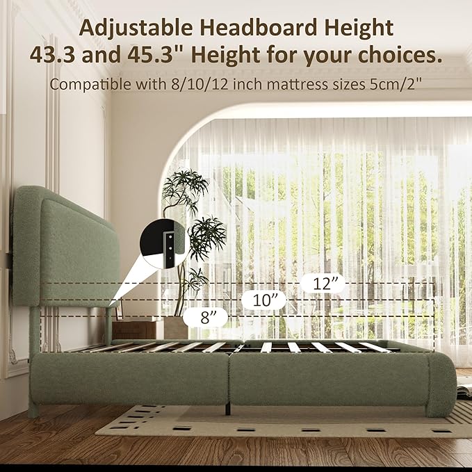 King Bed Frame, Teddy Velvet Boucle Bed Frame with 43.3"/45.3" Adjustable Upholstered Headboard, Rounded Corners, Mattress Foundation, No Box Spring Required, Green