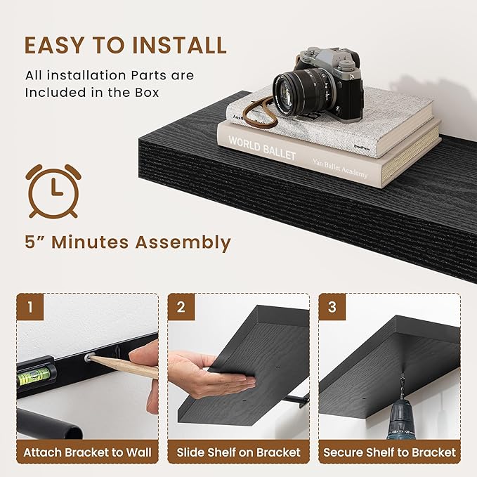 fuqing Floating Shelves for Wall, Wall Mounted Wood Floating Shelf with Invisible Brackets for Living Room, Bathroom, Bedroom, Kitchen Storage and Decor, 55 Inch Set of 2, Black