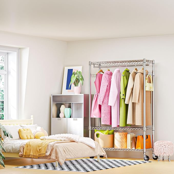 Heavy Duty Rolling Garment Rack 3 Tiers Adjustable Wire Shelving Clothes Rack with 1 Rods and Side Hooks,Storage Closet Clothing Rack with Wheels Chrome 15.7" D x 45.3" W x 75.6" H