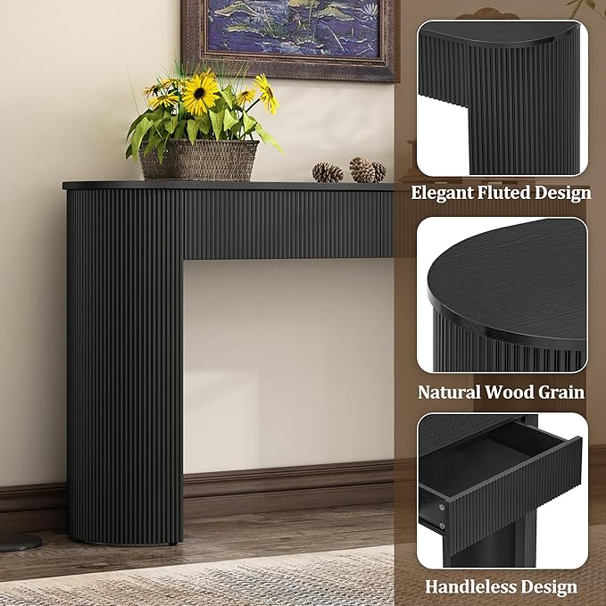 Modern Fluted Console Table 54-Inch Oval Entry Sofa Table with Storage Drawers for Living Room Entryway Hallway Furniture, Black