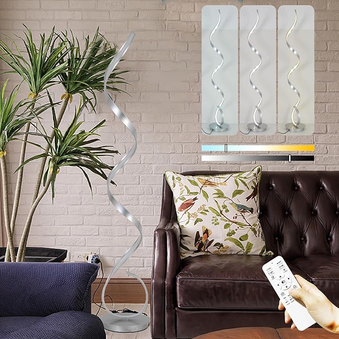 57" Modern Silver Floor Lamp,Simple Desin Shape Lamp,3 Color Light,Foot Step Switch Spriral,Floor Light with Remote for Living Room,Bedroom,Dining Room(Silver)