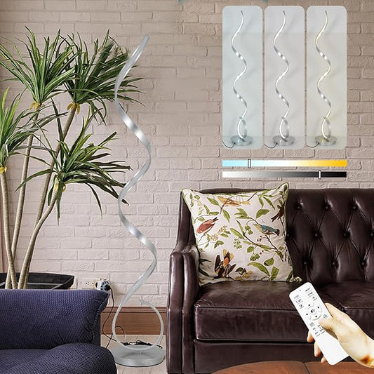57" Modern Silver Floor Lamp,Simple Desin Shape Lamp,3 Color Light,Foot Step Switch Spriral,Floor Light with Remote for Living Room,Bedroom,Dining Room(Silver)