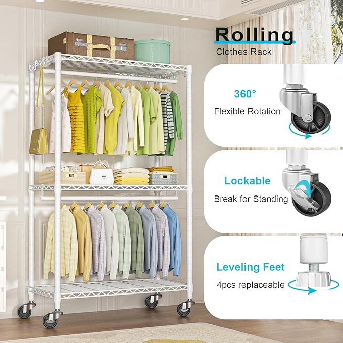 FUTASSI P3 Rolling Clothes Rack, Clothing Racks for Hanging Clothes, Heavy Duty Garment Rack with Wheels, Freestanding Portable Closet Organizer 39.4''W x 14''D x 78.5''H, Max Load 464 LBS, White