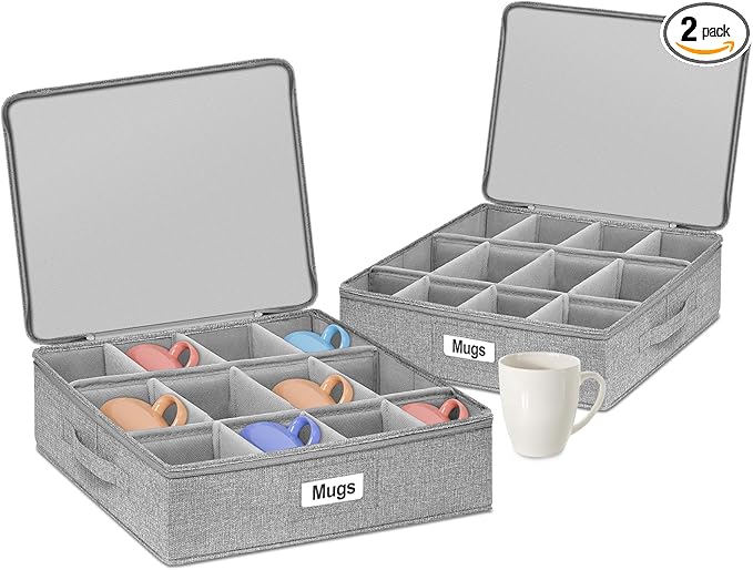 punemi Mug Storage Organizer with Rigid Top, Sides & Bottom, Padded Dividers, 2-Pack Stackable Coffee Mug Storage Boxes for Tea Cups, China Storage Containers for Packing & Moving