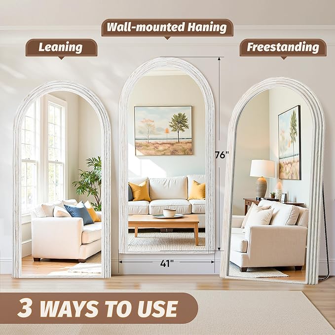 Antok Full Length Mirror 76"×41" Floor Mirror Standing Tall Mirror, Arched Stand up Large Wall Mirrors, Freestanding Full Body Mirrors for Bedroom Living Room Wood Vintage Style White