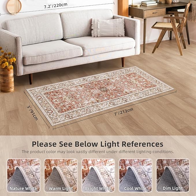 Deerly Vintage Runner Rug 3x7 Runner Rugs for Hallway Non-Slip Kitchen Runner Rug with Rubber Backing Washable Rug Runner for Bedroom Distressed Brick Red