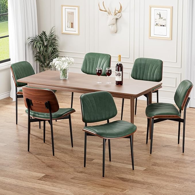 Dining Chairs Set of 6, Mid-Century Modern Upholstered PU Leather Chairs with Walnut Bentwood Back and Metal Legs Adjustable Feet for Kitchen Dining Room, Dark Green Shell Strips