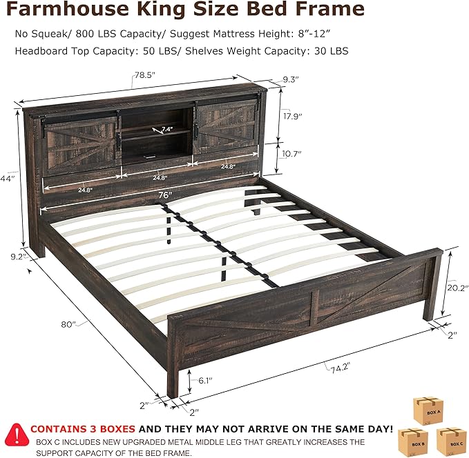 T4TREAM Farmhouse King Size Bed Frame w/Storage Bookcase Headboard, Sliding Barn Door, Charging Station, Rustic Wood Platform Bed w/Wood Slats Support, No Box Spring Needed, Dark Rustic Oak