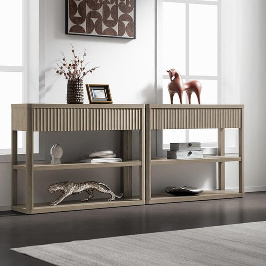 SICOTAS Fluted Entryway Table with Storage, 88.26" W Console Table with 4 Drawers & 4 Tier Storage Shelves, Modern Sofa Table Behind The Couch for Living Room, Entrance, Hallway, Foyer, Grey Alder