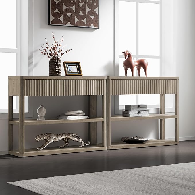 SICOTAS Fluted Entryway Table with Storage, 44.13" W Console Table with 2 Drawers & 2 Tier Storage Shelves, Modern Sofa Table Behind The Couch for Living Room, Entrance, Hallway, Foyer, Grey Alder