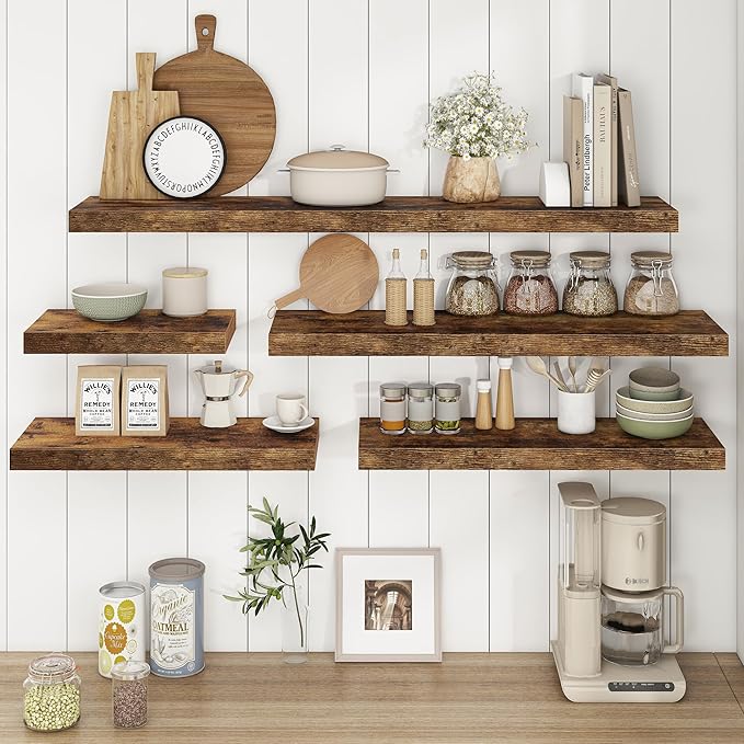 Fun Memories 48Inch Floating Shelves, 9.3Inch Deep Rustic Wall Shelves - Extra Deeper & Thicker Wall Mounted Storage Shelf for Kitchen, Farmhouse - Set of 2 - Rustic Brown