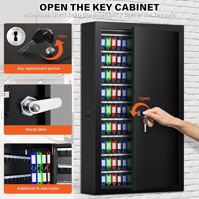 225 Keys Key Lock Box Wall Mount with Additional 16 Side Hooks and Key Tags, Anti-Theft Key Box Key Cabinet with Side Opening, Key Organizer Key Safe for Home Office Garage Rental Business