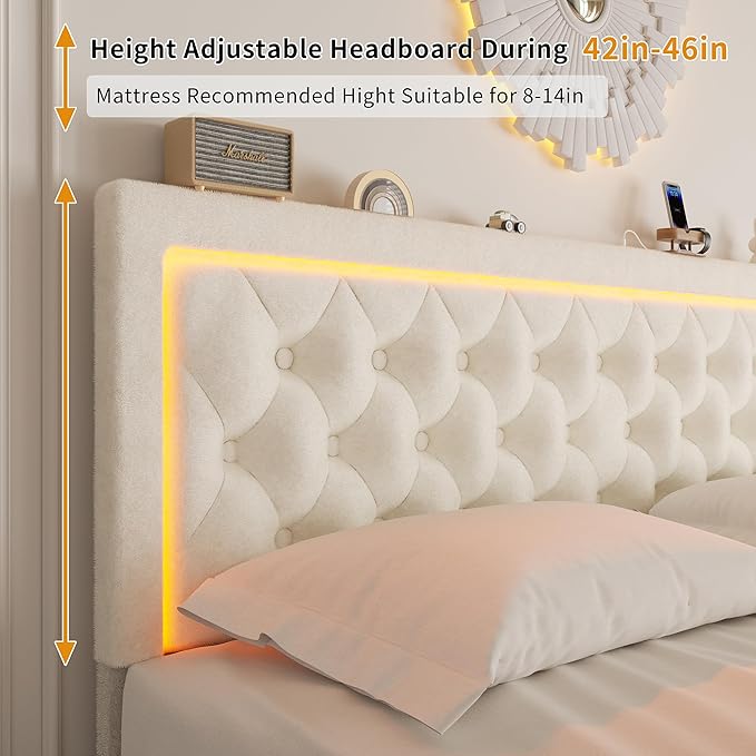 Queen Bed Frame with 4 Storage Drawers, Velvet Upholstered Bed Frame Queen Size with Charging Station and LED Lights, 46" Adjustable Button Tufted Headboard, No Box Spring Needed, Beige