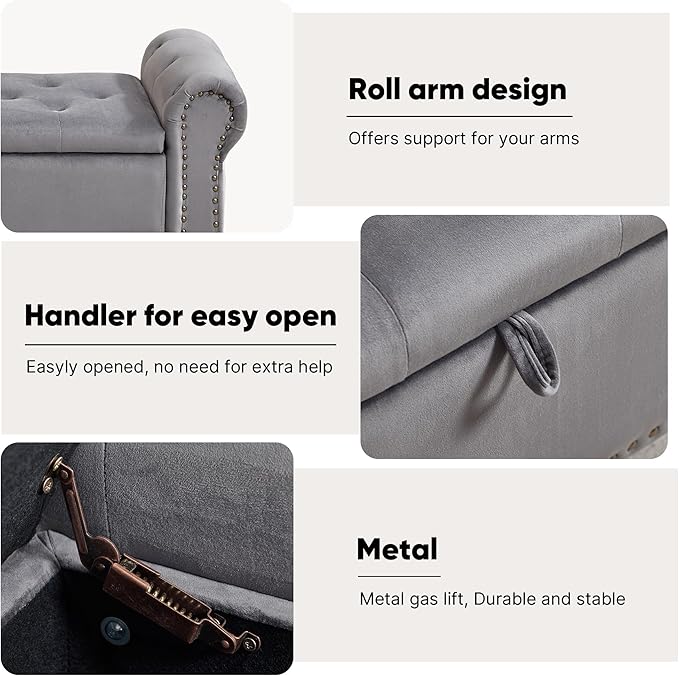 Storage Bench for Bedroom, 51" Upholstered End of Bed Bench, Velvet Queen Size Benches with Rolled Arms, Tufted Button Storage Long Ottoman, Living Room, Entryway, Grey