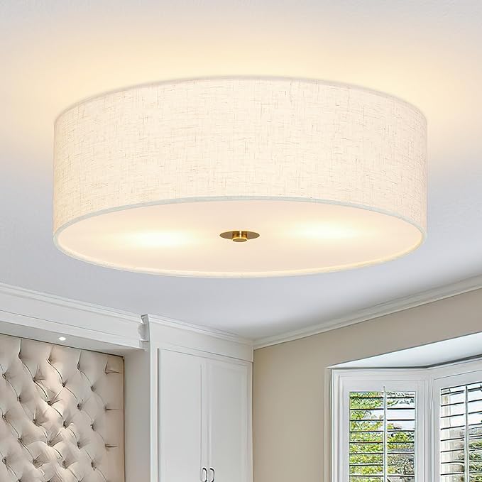 15.7 Inch Flush Mount Ceiling Light Fixture 3-Light Drum Modern Gold Ceiling Light Fixture Dimmable Close to Ceiling Light Fixture with Fabric Shade for Living Room Hallway Entryway Kitchen Bedroom