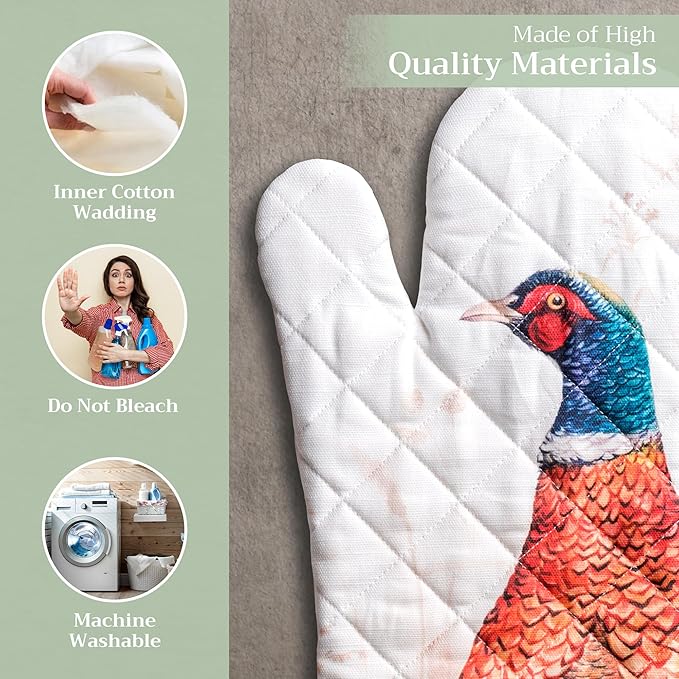 Maison d' Hermine Oven Gloves 100% Cotton Oven Mitt 7" x 13" with Loop Heat Resistant BBQ Cooking Gloves for Thanksgiving Christmas Decorations Baking Handling Hot Pans (Pack of 1, Faisan D'Automne)