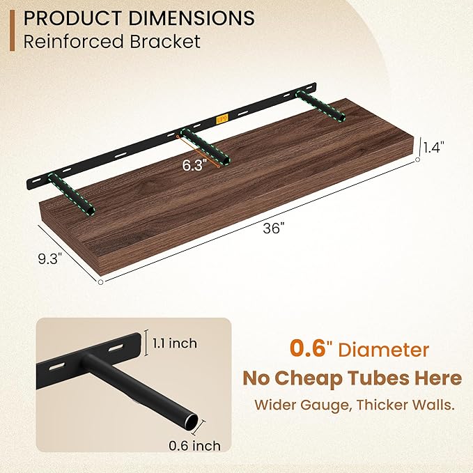 Fun Memories Floating Shelves 36 Inch Long, 9.3Inch Deep Floating Shelves for Wall, Extra Deeper & Thicker Wall Mounted Storage Shelf for Kitchen, Farmhouse, Walnut, 2 Pack