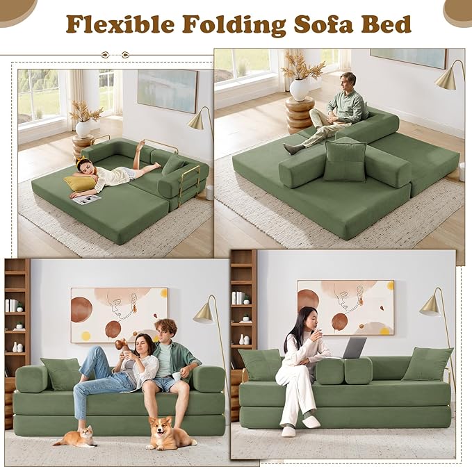 Antetek Convertible Futon Sofa Bed, 3-Seater Modern Corduroy Foam Floor King Size Bed Fold Out Sleeper Lounge Loveseat Sofa Couch with 2 Throw Pillows for Living Room Bedroom Guest Room, Army Green