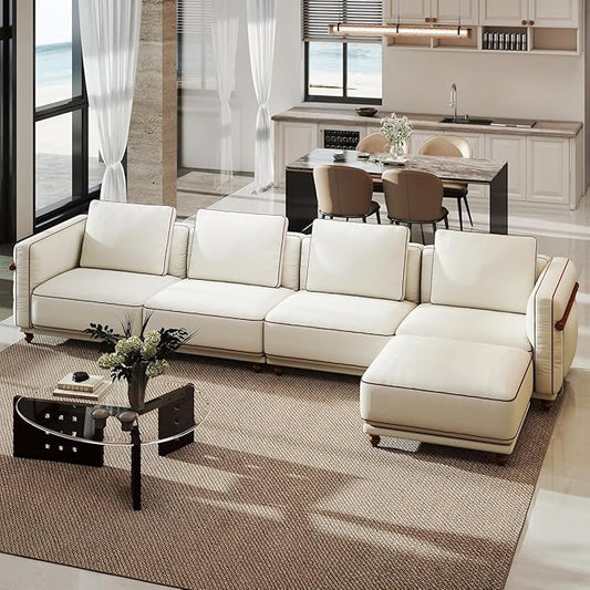 157.48" Modular Luxury Cloud Sectional Sofa with Ottoman, 70% Down-Filled Cushions, Removable Washable Ultra-Soft Linen Cover, Extra-Deep Seating, Solid Wood Armrests for Living Room