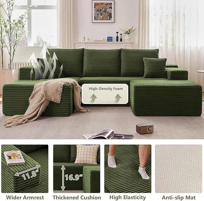 107" L-Shape Sofa with Ottoman, Modern Modular Sectional Comfy U-Shape Cloud Couch, Deep Seat, Upholstered Corduroy Sleeper Chaise Longue for Living Room Bedroom, No Assembly Required, Green