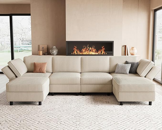114.2" Modular Sectional Sofa with Deep Storage Seat,U Shaped Sectional Sofa Couch Convertible 6 Seater Corduroy Couch with Movable Ottoman,Upholstered Sectional Couches for Living Room,Beige
