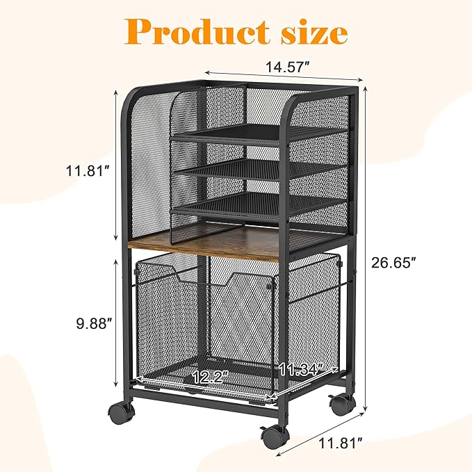 5-Tier Rolling File Cart Under Desk with Drawers, File Cabinet Organizer for Hanging File Folders, Letter-Size File Storage with Wheels, Multi-Layer Mobile Filing Cabinet for Under Desk Storage
