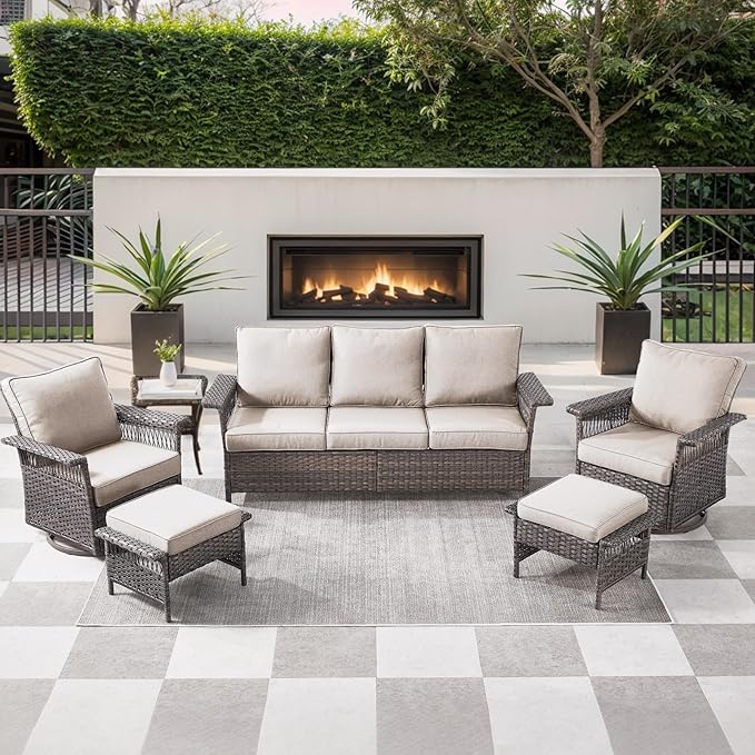 6 Pieces Wicker Patio Furniture Set - Hollow Widen Armrests 3 Seat Outdoor Sofa & Comfy Chairs with Side Table & Ottomans, Small Patio Convention Set for Deck and Backyard - Brown/Beige