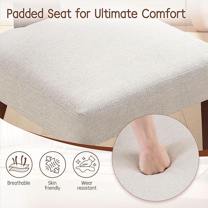 Dining Chairs Set of 3, Mid-Century Modern Upholstered Kitchen Chairs with Curved Backrest and Linen Fabric Seat, Wood Leg Accent Chairs for Dining Room, Living Room, Bedroom, Linen Beige