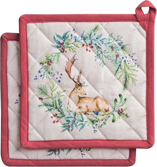 Maison d' Hermine Pot Holders Set 100% Cotton Heat Resistant Potholders 8" x 8" Hot Pads with Loop for Thanksgiving Christmas Decorations BBQ Cooking Baking Handling Hot Pans (Pack of 2, Holly Time)