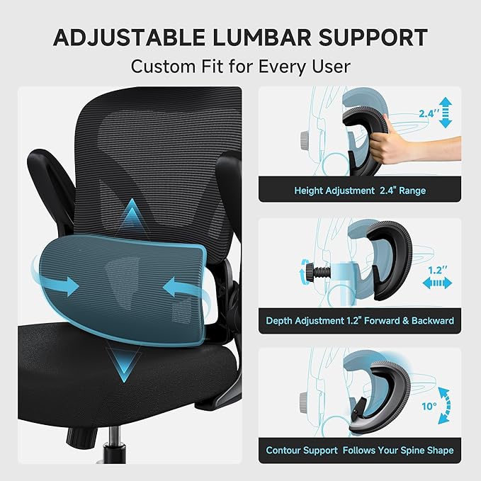 Ergonomic Office Chair with Adjustable Lumbar Support & Headrest, High Back Mesh Chair with Flip-up Armrests for Long Hours, 330 lbs Home Office Desk Chair, Black