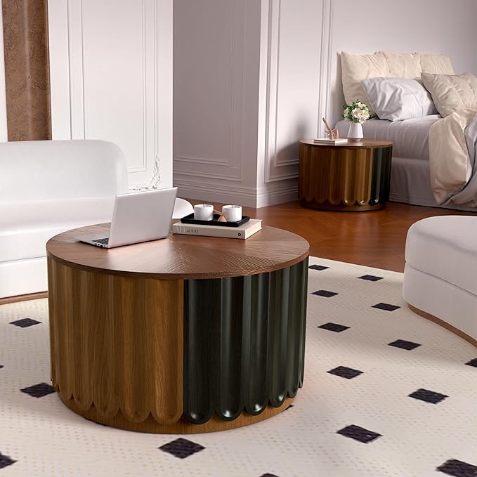 Modern Round Storage Side Tables Set, Dark Walnut and Black Finish, Fluted Wood Design, Hidden Storage, Nesting Coffee Tables for Living Room