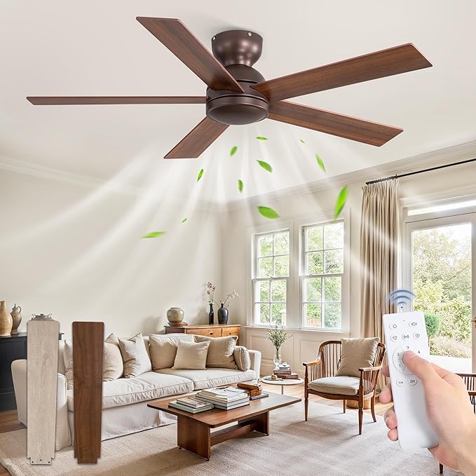 48 Inch Low Profile Ceiling Fan without Lights, Brown Farmhouse Ceiling Fan no Light, 6-Speeds, Quiet Reversible DC Motor, Indoor/Outdoor Ceiling Fans with Remote for Patio, Living Room, Bedroom