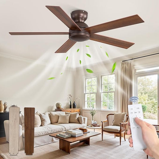 48 Inch Low Profile Ceiling Fan without Lights, Brown Farmhouse Ceiling Fan no Light, 6-Speeds, Quiet Reversible DC Motor, Indoor/Outdoor Ceiling Fans with Remote for Patio, Living Room, Bedroom