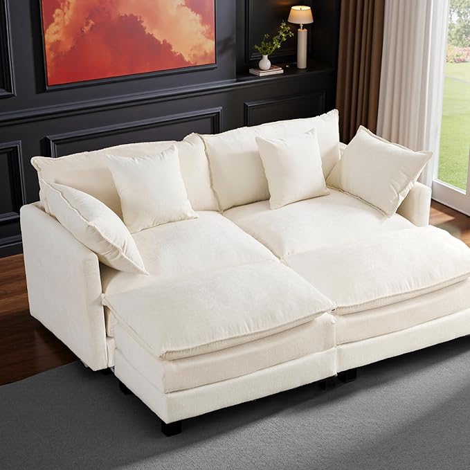 77" Cloud Chenille Sectional Sofa with 2 Ottomans｜Modular Couch with 29.1" Deep Seat｜FSC Solid Wood Frame｜Easy Assembly & 1YR Guarantee｜for Apartment Living Room (Beige, 77 Inch（U）)