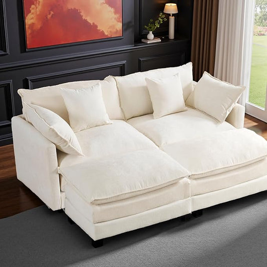 77" Cloud Chenille Sectional Sofa with 2 Ottomans｜Modular Couch with 29.1" Deep Seat｜FSC Solid Wood Frame｜Easy Assembly & 1YR Guarantee｜for Apartment Living Room (Beige, 77 Inch（U）)