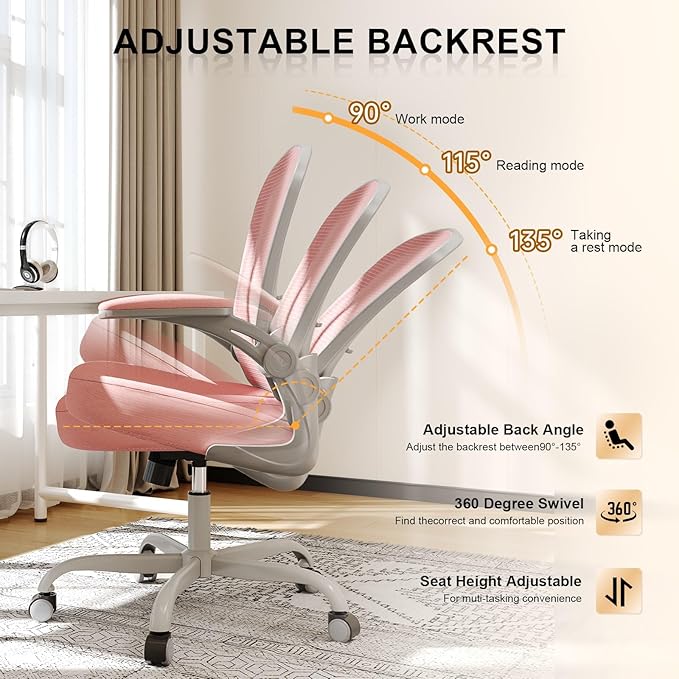 Synorla Office Chair, Ergonomic Desk Chairs 330LBS Capacity High Back Mesh Computer Chair with Flip-up Armrests, Comfy Work Chair with Adjustable Lumbar Support,Gray Pink, One Size
